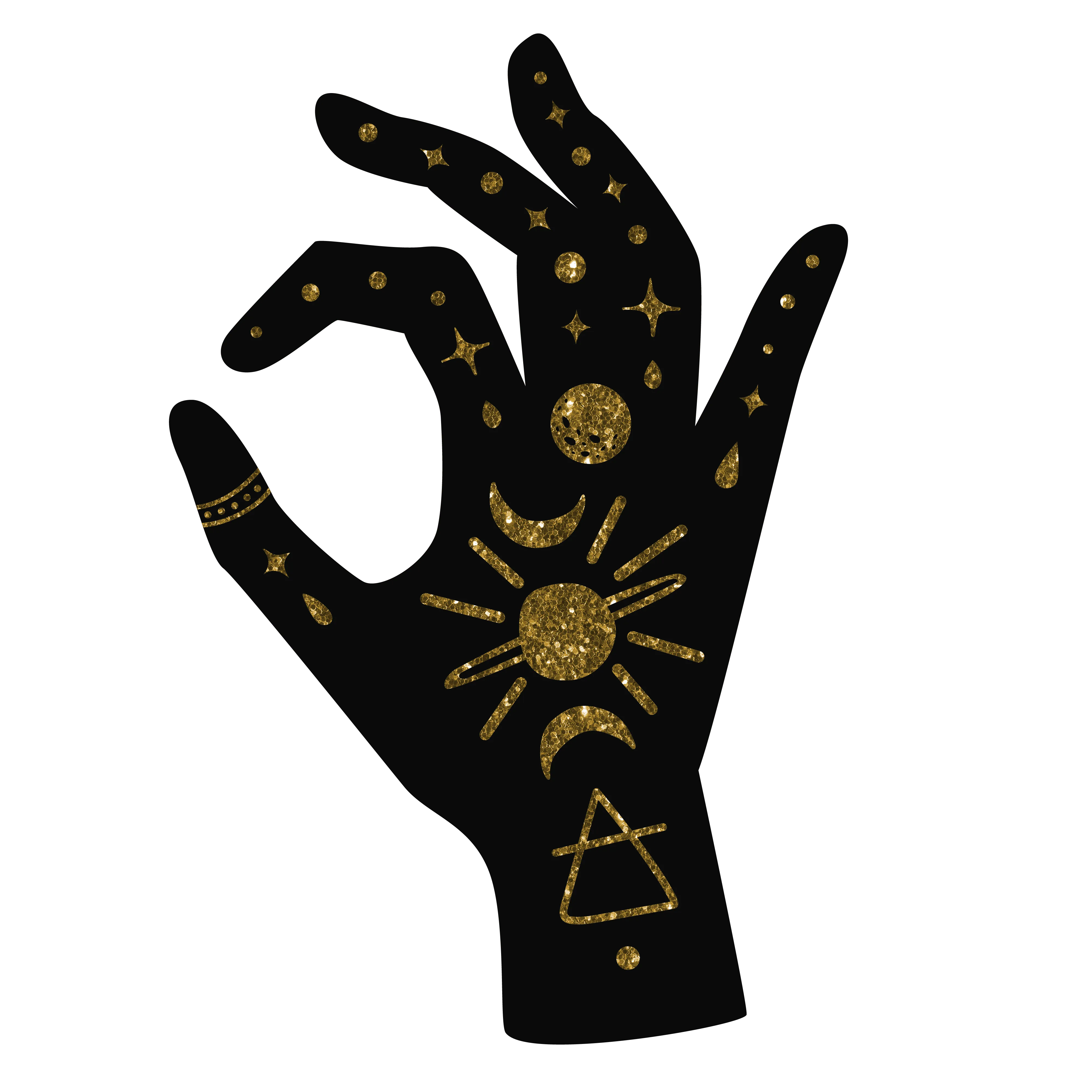 A silhouette of a right hand with gold sparkling celestial motifs.