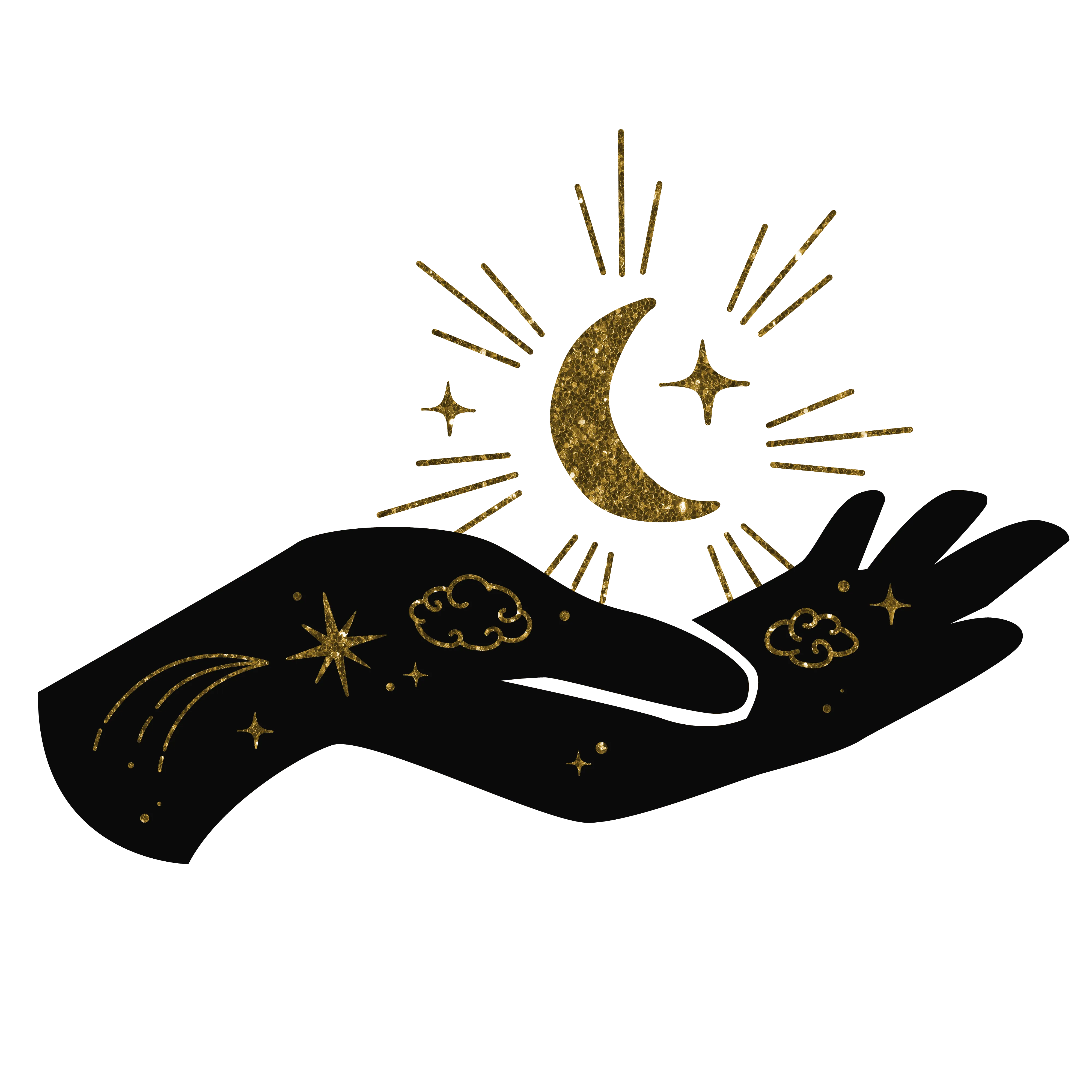 Silhouette of a right hand holding the moon and stars in its palm. The hand has glitter celestial tattoos.