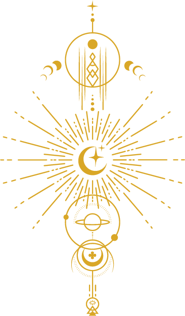 Line drawing in gold of a cosmic iconography such as moons, stars, and planets.