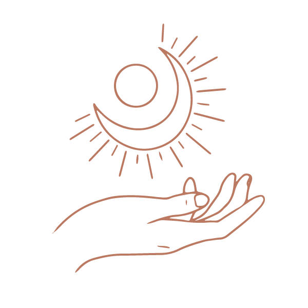 Line drawing of hands holding a crescent moon and sun combo.