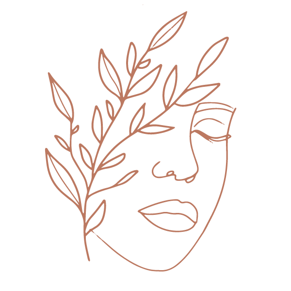 Line drawing of a sprig of leaves morphing into a femme face.