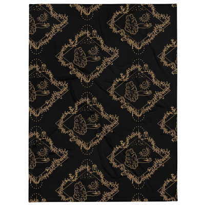 Black throw blanket with the a repeating pattern of a line drawing with a diamond shaped frame. In the center, is a tarot-esque floating hand with a crescent moon. Surrounding the hand is a vine with owl, mushrooms, crystals, moon flowers, a snake, and skull.